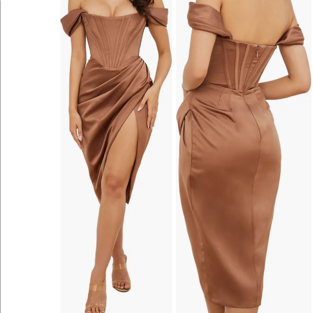 HOUSE OF CB Loretta Off the Shoulder Satin Corset Dress, COLOR TOFFEE SMALL